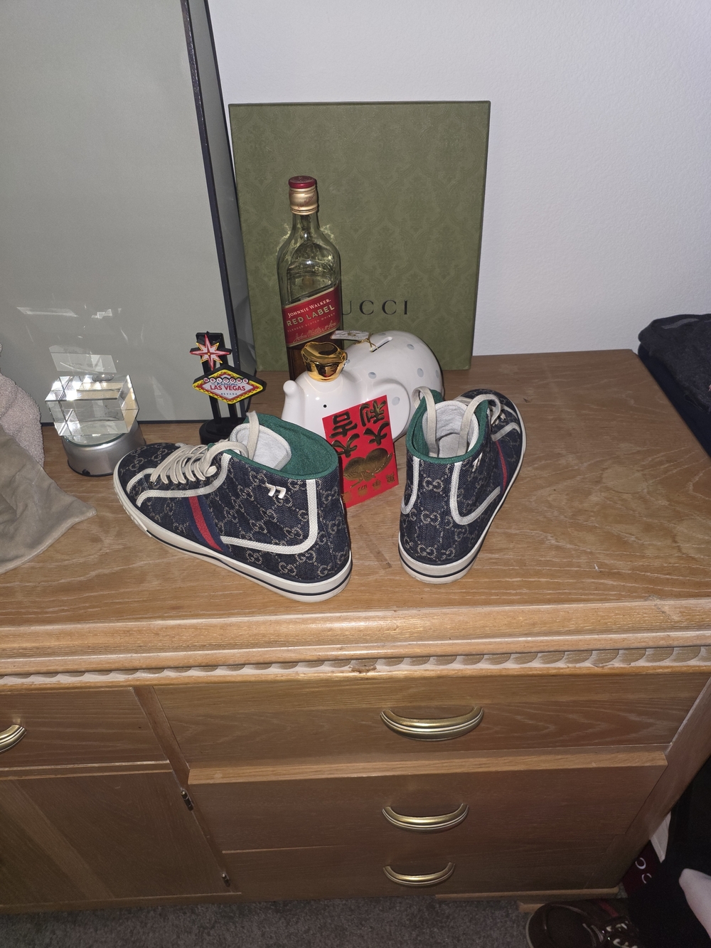 Gucci Monogram High-Top Sneakers - Navy with Green & Red Stripe